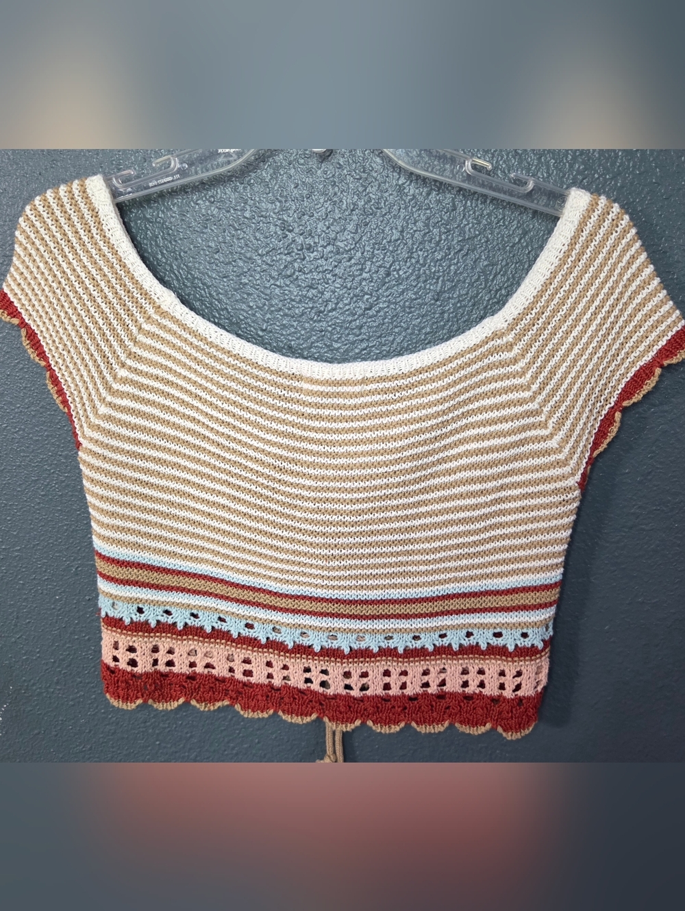 Altar'd State Striped Crochet Lace-Up Crop Top in Beige, Rust & Blush, size Med - Picture 2 of 9